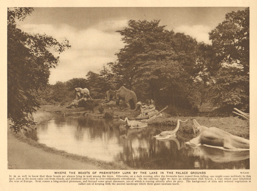 The Crystal Palace lake, Sydenham. Dinosaurs 1926 old vintage print picture